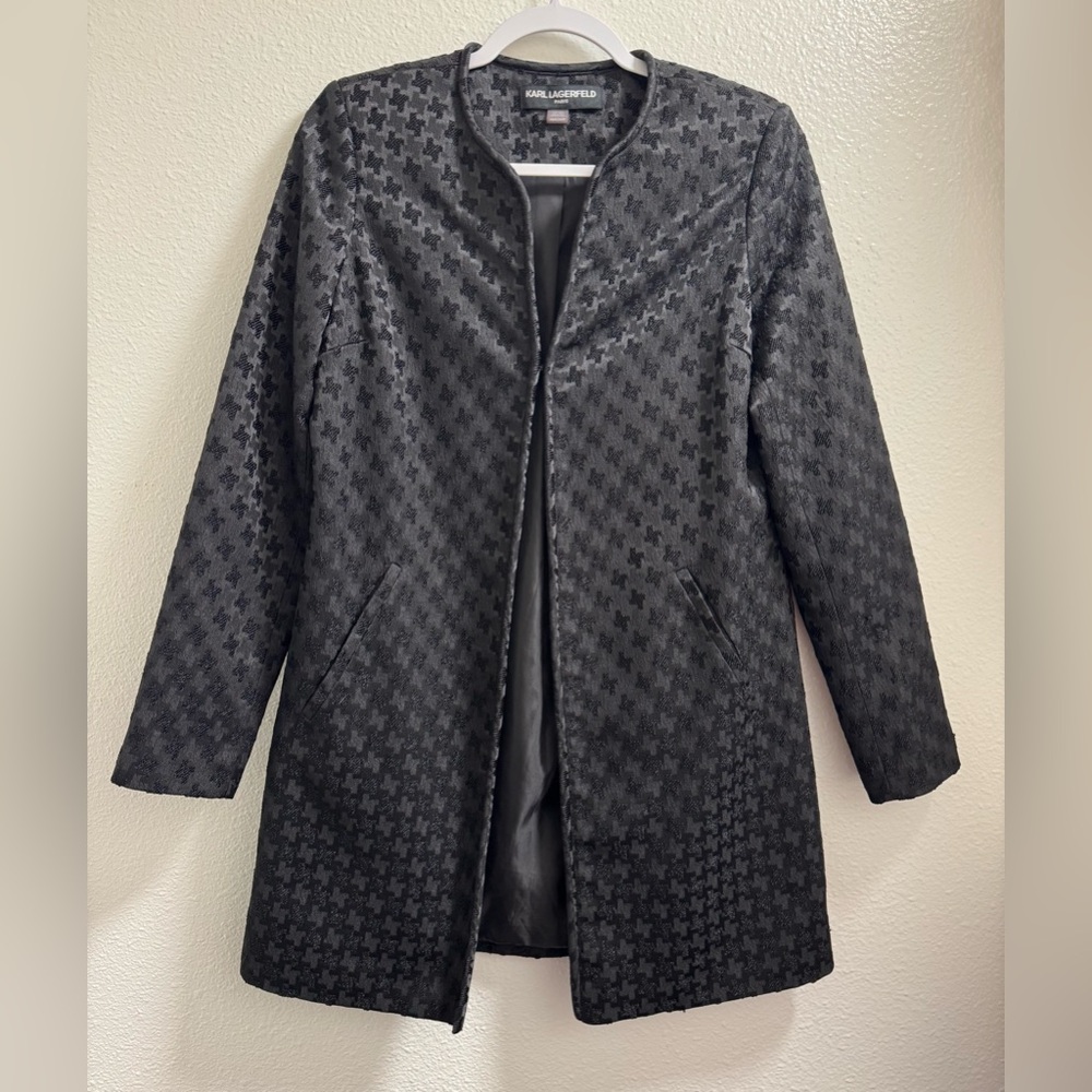 Karl Lagerfeld Paris Knit Jacket Hook Front Houndstooth Stretch Black Womens XS